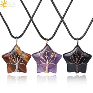 CSJA Wholesale Silver Plated Copper Wire Wrapped Natural Lucky Healing Crystal Gemstone Star Pendant Necklaces for Women H021