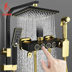 HUBEN Grifo Termostático Monomando de Acero Inoxidable con Botón Negro y Dorado, Cerámico, Cromado, con <span class=keywords><strong>Ducha</strong></span> de Lluvia Presurizada - Product Image 1