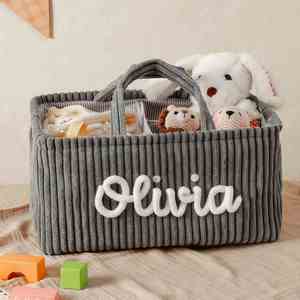 Personalized Corduroy Storage <b>Basket</b> Custom Name Laundry <b>Hamper</b>, Diaper Bin, Thoughtful Present <b>for</b> Expecting Parents, Newborns - Product Image 3