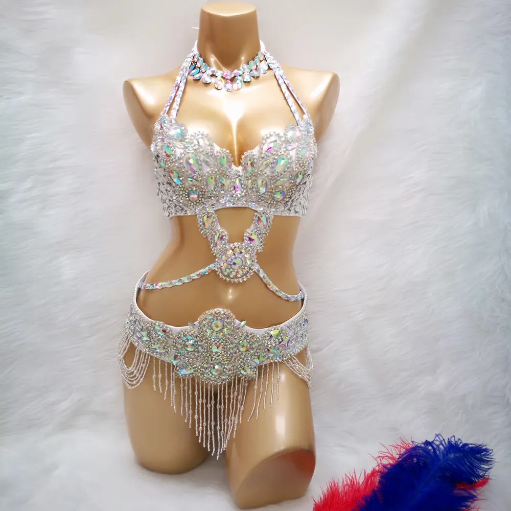 Carnival Samba Sparkly Bikini Crystal belly dance costume wear Bar+Belt+Necklace 3pc set sexy bellydancing costumes clothes