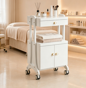 Chariot de rangement roulant blanc pour salon de beauté, spa et clinique, avec tiroir et armoire - Product Image 1