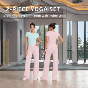 Conjunto de Yoga de 2 Piezas para Mujer, Camiseta Corta de Manga Corta, Pantalones Anchos con Cintura Elástica, Transpirables, con Logotipo Frontal, Ropa Deportiva - Product Image 2