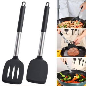 ชุดตะหลิวสแตนเลสสำหรับทำอาหาร2ชิ้นช้อนคนทอดสเต็กปลาไข่แพนเค้กเครื่องครัวทำจากซิลิโคน - Product Image 1