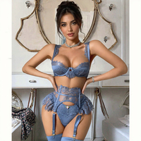 Nouvelle collection 2026 : Ensemble de lingerie sexy pour femme en dentelle bleue, 5 pièces, comprenant soutien-gorge, body, porte-jarretelles, bas et vêtements de nuit élégants
