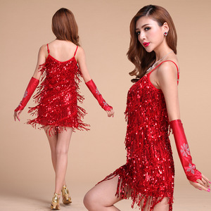Abito da ballo latino con paillettes stampate e nappe, senza spalline, per donna, costume da palcoscenico, per competizioni e performance, in Spandex/Poliestere - Product Image 1
