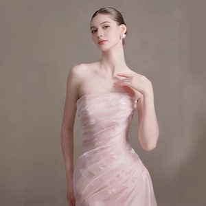 Pink Strapless Wedding Dress Natural Waistline Simple Solid Color Bridal Gown For Coming Of Age Ceremony - Product Image 3