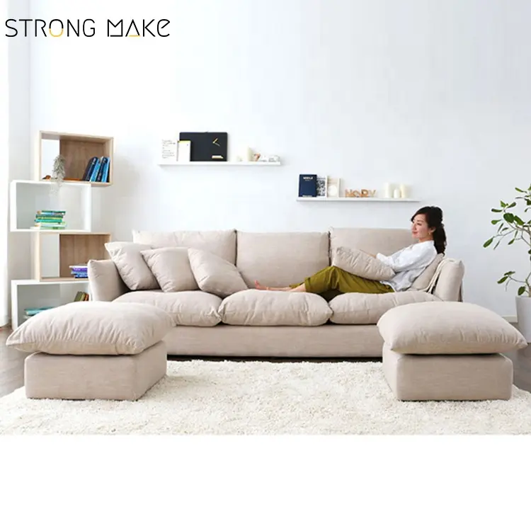 White Cream Country Style Modern Big Living Room Furniture Design Sectional Living Room Velvet Fabric Sofas Set With Chaise