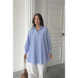 Camisa Larga a Rayas Azules para Mujer, Blusa Informal de Popelina con Botones, para Uso Diario - Product Image 5