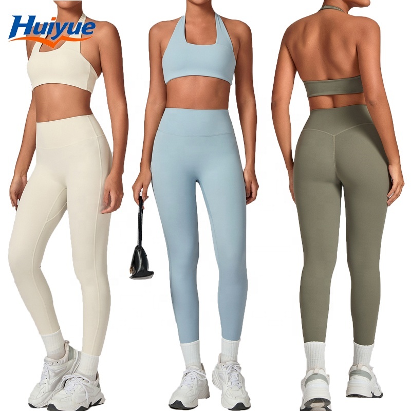 Shockproof Yoga Bra Set for Women Strength Training Squared Neckline Halter Crop Sport Top Leggings Lift Butt Suit