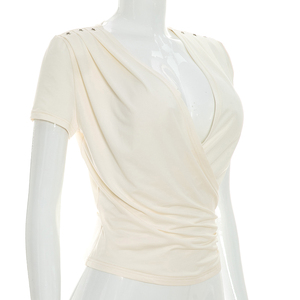 Viviblook Y26TP200 Women Summer T-Shirt New Short Sleeved V-Neck <b>Cross</b> Pleated Casual <b>Top</b> - Product Image 6