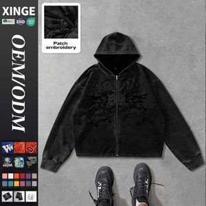 Hoodie zippé pour homme, style vintage urbain, haute qualité, coupe oversize, épaules tombantes, coupe carrée et courte, avec impression graphique et broderie personnalisées - Product Image 1