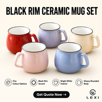 Ensemble de tasses en céramique Pot Belly 420 ml, cinq couleurs brillantes : rose blush, bleu pétrole, rouge, lavande, crème, avec bordure noire et intérieur blanc brillant