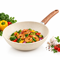 Wok antiadhésif avec poignée imitation bois, poêle profonde pour faire sauter, réduire à la vapeur, frire, cuire à la vapeur et les repas quotidiens en famille
