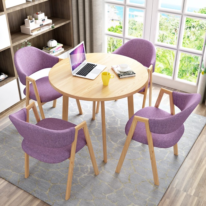 Purple cloth 4 chairs + 80 wood color round table