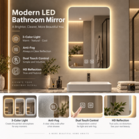 Miroir de salle de bain LED sans cadre, rectangulaire, anti-buée, avec éclairage, commande tactile, 3 températures de couleur, à intensité variable