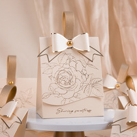 Cream White Recyclable Kraft Paper Candy Box with Hand Length Handle Retro French Portable Champagne Bow Texture