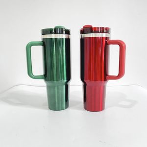 Gobelet H2.0 40oz avec poignée et paille, aspect métallique brillant, rouge et vert, pour sublimation, cadeau de Noël - Product Image 2