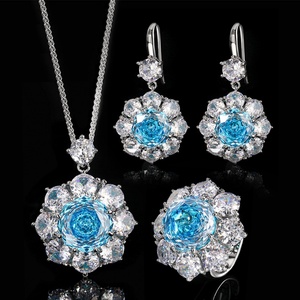Fashion Eco-friendly Copper Bridal Jewelry Set Wholesale 14-10mm Blue Zircon Rose Cut Simple Round Pendant <b>Earrings</b> Rings Set - Product Image 2