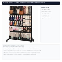Présentoir mobile en métal perforé sur roulettes 3,5 x 6 pieds avec 50 crochets pour magasin de détail, vêtements et quincaillerie