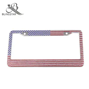 Bendera Amerika Buatan Mewah BLING Berlian Imitasi Stainless Steel Premium License Plate Frame