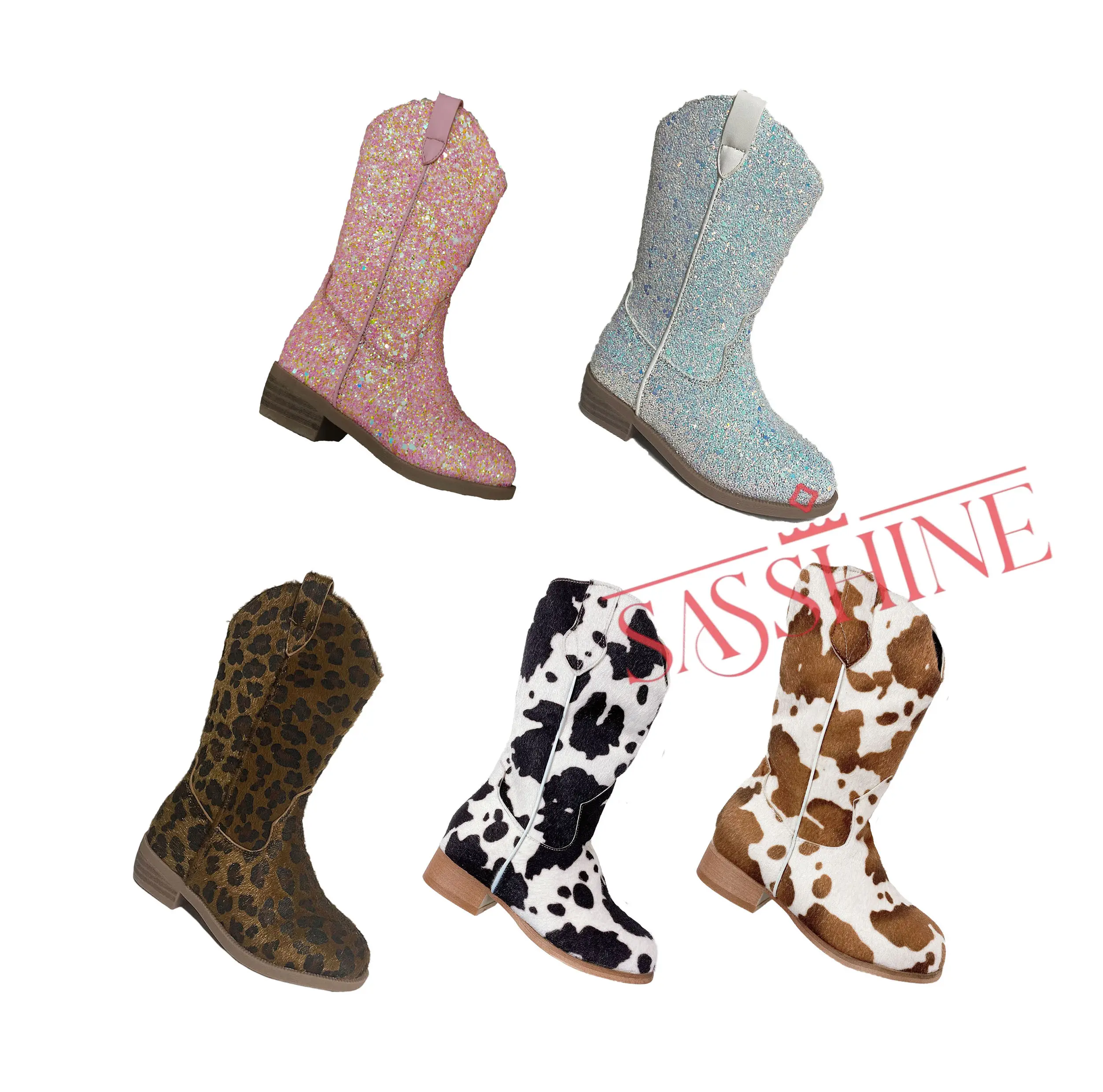 2022 primavera moda bambino bambino stivali da Cowboy Glitter rosa per bambini ragazze scarpe con stampa leopardo stivali Western mucca marrone