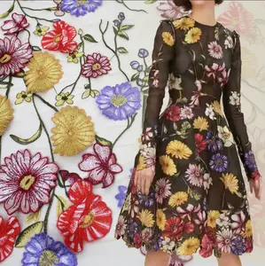 여러 가지 빛깔의 큰 3d 꽃 자수 레이스 패브릭 꽃 tulle tela de encaje de flores 3d tela de girasoles encaje