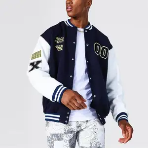 High Quality Hip Hop Wool Body Leather Sleeves Elastic Knit Collar Embroidery Patch Letterman Varsity Baseball Jacket For Men