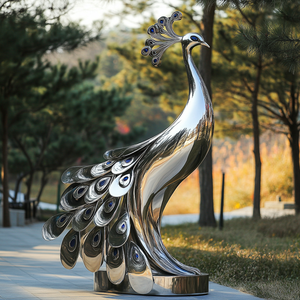 Ornement de jardin extérieur abstrait moderne Sculpture de paon en acier inoxydable métallique - Product Image 3