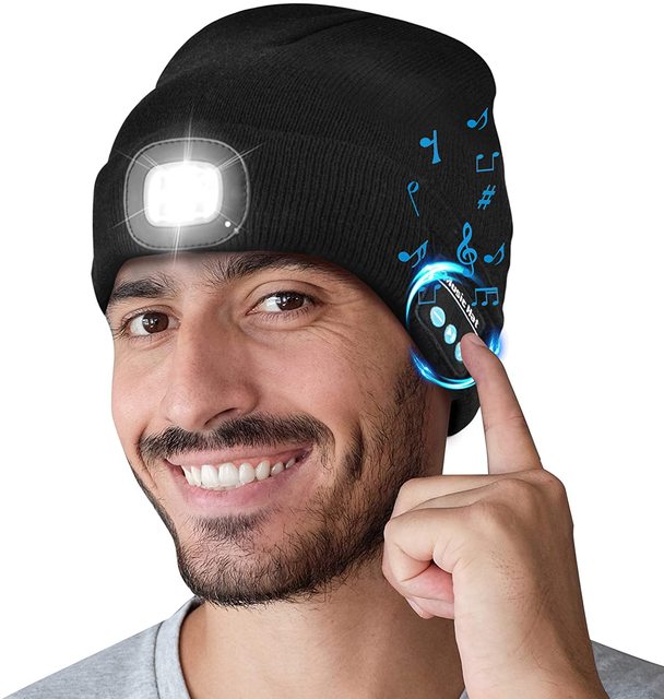 Drop Shipping Flashlight Unisex USB Rechargeable Drope5 LED Headlamp Cap Knitted Night Lighted Music Cap Beanie bluetooth Cap