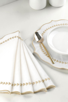 Sets de table ronds en coton et lin blancs, bordure brodée de feuilles, festonnés