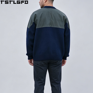Custom Suede Panelled Knitted <b>Sweater</b> Henley Collar Contrast Shoulder Patch <b>Vintage</b> Pullover Smart Casual Wholesale Bulk - Product Image 2
