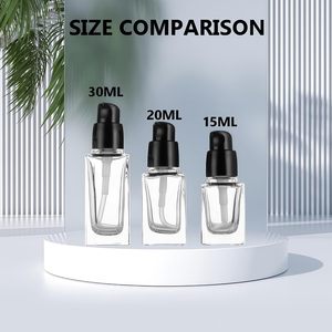 Wholesale Luxury 30ml 50ml Square Clear Frosted Serum Liquid Skincare Cosmetic Packaging Glass <b>Foundation</b> Bottle Dropper Reed - Product Image 4