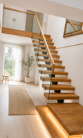 Escalier flottant avec poutre en acier dissimulée, marches en bois massif, garde-corps en verre sans cadre, design à marches ouvertes, moderne et minimaliste