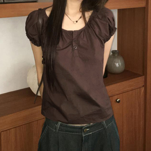 T-shirt d'été pour femmes Y2K, couleur unie, froncé, coupe ajustée, trois boutons, manches bouffantes, col rond, vente en gros - Product Image 4