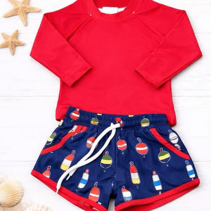 Ensemble de maillot de bain pour fille, manches longues, motif rouge, style actif, vente en gros pour enfants, référence S0728 - Product Image 1
