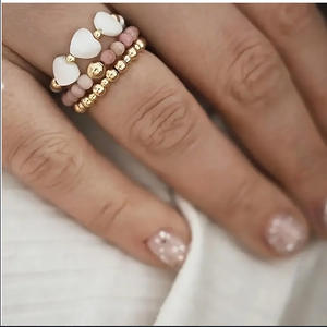 クラシックシェルハートリングセット ピンクトルマリン天然石 ステンレススチールビーズリング 女性用 ガールズ用 - Product Image 1