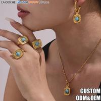 CAIOOCHE Offre Spéciale Ensemble de Bijoux Classique en Acier Inoxydable avec Pierre Turquoise, Collier, Bague, Boucles d'Oreilles et Chaînes Unisexe