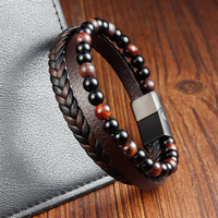 Cordon en cuir noir, bracelet tressé en acier inoxydable double couche pour homme avec pierres naturelles, bracelet en cuir multi-brins fait main