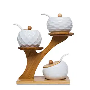 Porselen çeşni kavanoz seti baharat kavanozları bambu kapaklı ve çay saklamak için kullanılan kaşık ahşap tepsi