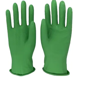 Green Color Dip Flock Lined Natural Rubber Latex Household Cleaning Kitchen Gloves
