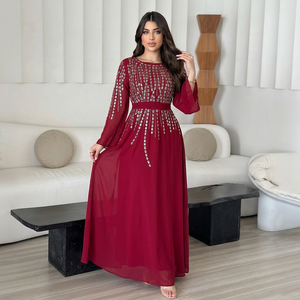Premium Style Muslim Event <b>Dress</b> Red Hotfix Chiffon <b>Long</b> Sleeve Maxi with Belted Waist <b>for</b> <b>Eid</b> Banquet Display - Product Image 1