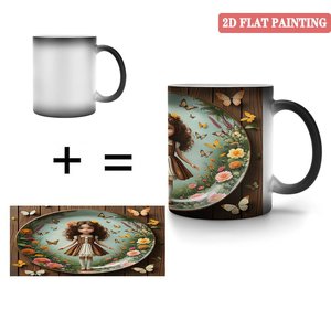 Mug en céramique noir givré 11oz, tasse à sublimation thermosensible avec motif floral de fille, peinture plate 2D - Product Image 4