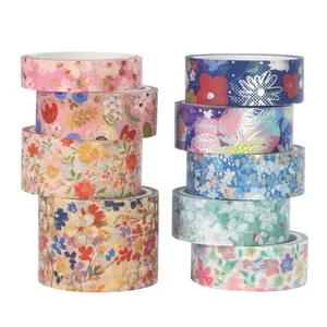 Set di nastri per mascheratura floreale stampa in lamina d'oro e d'argento nastro Washi con Design serie di fiori naturali