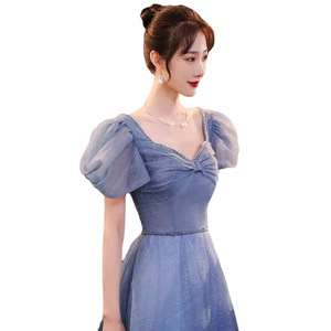 Elegant Blue Evening Gown Sweetheart Neckline Puff Sleeve Formal Dress for Art Exam Host Annual Meeting - Product Image 5