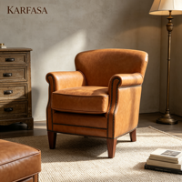 Fauteuil club en similicuir PU, style vintage, avec garniture cloutée, accoudoirs roulés, pieds en bois massif, pour salon, chambre, hôtel