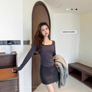 Women <b>Long</b> <b>Sleeve</b> <b>Square</b> <b>Neck</b> Solid Color Ribbed <b>Top</b> Breathable Minimalist Fit Autumn Wear - Product Image 3