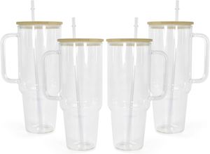 40oz Glass Tumbler <b>with</b> Handle 2 Pack Glass Tumbler <b>with</b> Straw and <b>Lid</b> Clear Glass Water <b>Cup</b> <b>Reusable</b> Iced Coffee <b>Cup</b> - Product Image 2