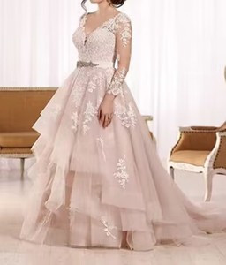 New Design Pink V Neck Long Sleeve Ball Gown Ruffles Lace Beaded <strong>Belt</strong> Plus Size Elegant <strong>Wedding</strong> <strong>Dresses</strong> <strong>for</strong> Bride - Product Image 1