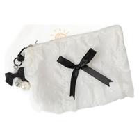 Pochette de maquillage personnalisée style coréen froissé avec nœud mignon, mini porte-monnaie, pochette cosmétique en dentelle douce pour fille avec pendentif perle