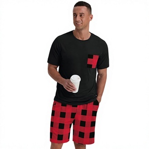 Men's Green Color Block <b>Knitted</b> T-Shirt <b>Set</b> Casual Summer Breathable Cotton Shorts Crew Neck Style - Product Image 3